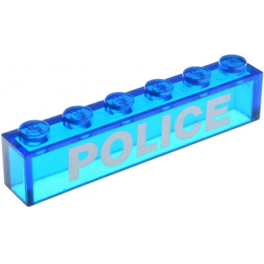 trans-dark blue brick 1 x 6 without bottom tubes with white police sans-serif bold pattern