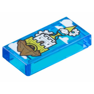 trans-dark blue tile 1 x 2 with white clouds lime castle and clock tower on floating rock pattern
