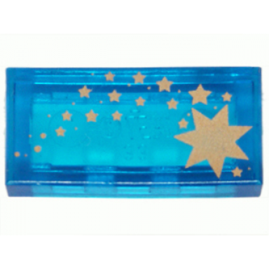 trans-dark blue tile 1 x 2 with gold stars pattern