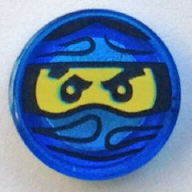 trans-dark blue tile round 1 x 1 with ninjago trapped jay pattern