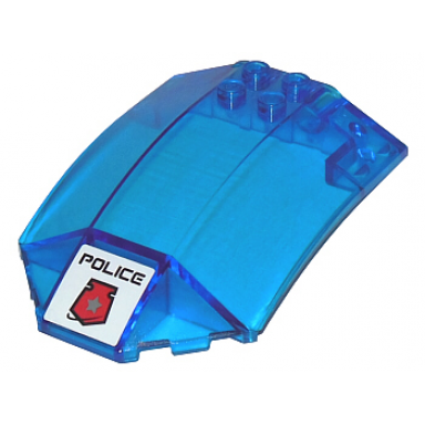 trans-dark blue windscreen 8 x 6 x 2 curved sloped sides with black police and red space police 3 badge pattern sticker - sets 5974 5980 5979
