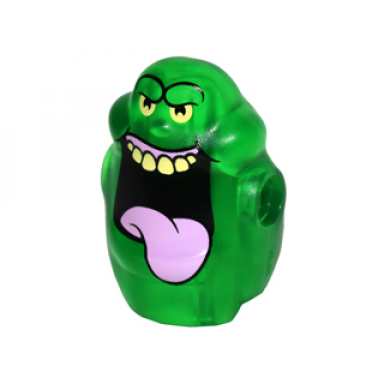 trans-green body ghost slimer with bright pink tongue bright light yellow eyes and top teeth pattern