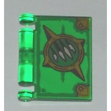 trans-green minifigure utensil book cover with gold circle with spikes white claws green highlights pattern nexo knights book of revenge