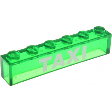 trans-green brick 1 x 6 without bottom tubes with white taxi pattern