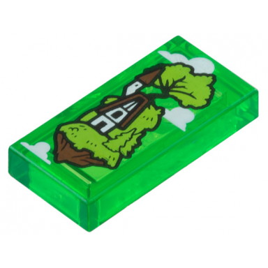 trans-green tile 1 x 2 with clouds and floating island with lime grass and trees white and reddish brown cottage pattern