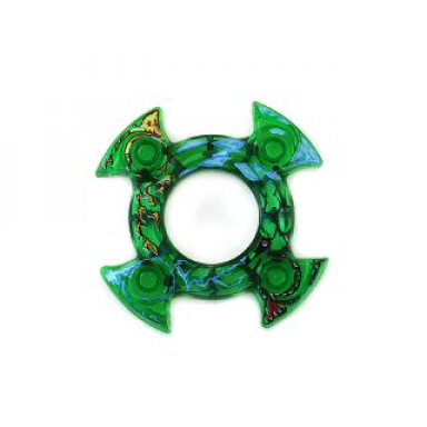 trans-green ring 4 x 4 with 2 x 2 hole and 4 swirl ends with blue and red pattern ninjago spinner crown
