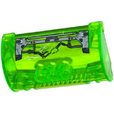 trans-bright green cylinder half 3 x 5 x 8 with pin holes with lock open and mechanical arms right arm up pattern sticker - sets 44022 44029