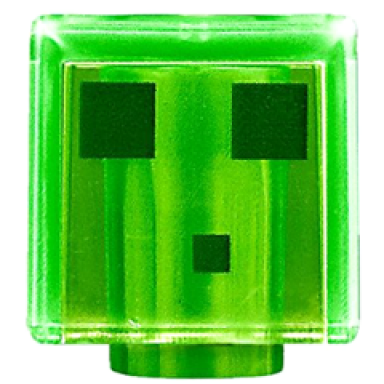trans-bright green minifigure head modified cube with pixelated dark green eyes and mouth pattern minecraft slime