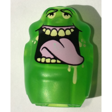 trans-bright green body ghost slimer with bright pink tongue bright light yellow eyes and top and bottom teeth pattern