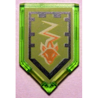trans-bright green tile modified 2 x 3 pentagonal with nexo power shield pattern - swift sting