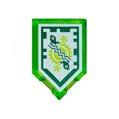 trans-bright green tile modified 2 x 3 pentagonal with nexo power shield pattern - time breach dark green border