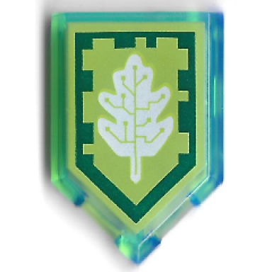 trans-bright green tile modified 2 x 3 pentagonal with nexo power shield pattern - tech tree