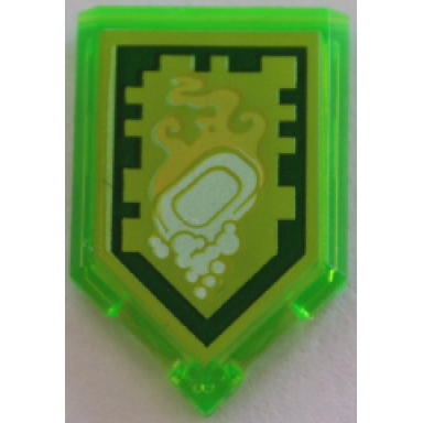 trans-bright green tile modified 2 x 3 pentagonal with nexo power shield pattern - out of soap