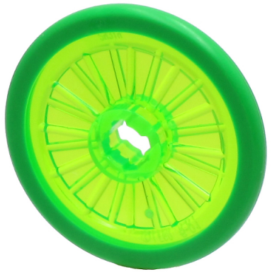 trans-bright green wheel wheelchair with molded bright green hard rubber tire pattern