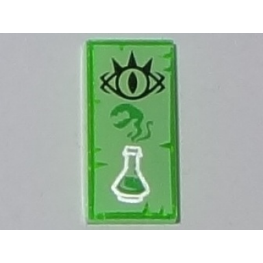 trans-bright green tile 1 x 2 with black goblin eye and silver erlenmeyer flask with bright green vapors on yellowish green parchment background pattern