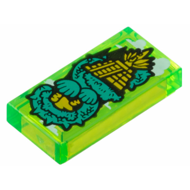 trans-bright green tile 1 x 2 with bright light orange aztec pyramid in jungle white clouds and dark turquoise trees pattern