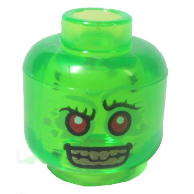 trans-bright green minifigure head alien with red eyes and silver teeth pattern