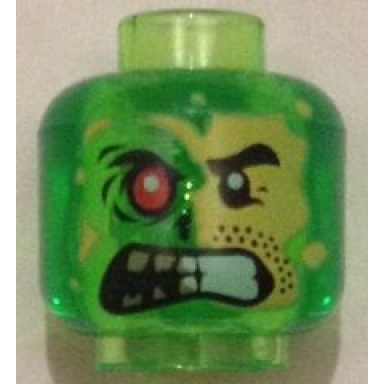 trans-bright green minifigure head alien split face angry normal left side with yellow skin and stubble burned right side with red eye pattern