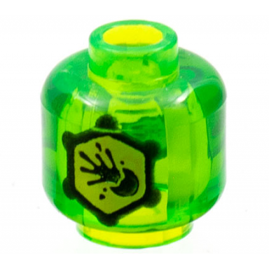 trans-bright green minifigure head without face with yellow hexagon with black outline and exploding ball pattern on both sides