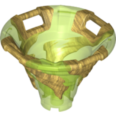 trans-bright green tornado of spinjitzu with bar handles on top edge with molded pearl gold spiral pattern
