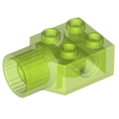 trans-bright green technic brick modified 2 x 2 with pin hole and rotation joint socket