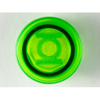 trans-bright green tile round 1 x 1 with black circle and bright green lantern logo pattern