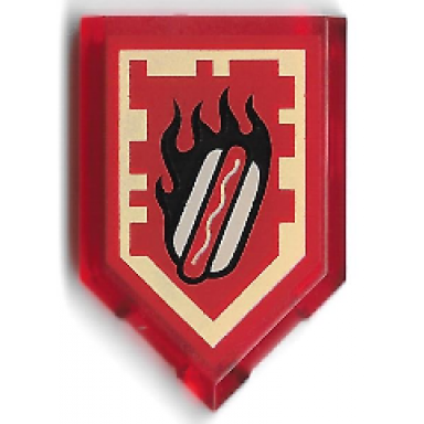 trans-red tile modified 2 x 3 pentagonal with nexo power shield pattern - burnt hot dog