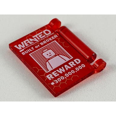 trans-red minifigure utensil book cover with white wanted built or broken reward and 300000000 pattern