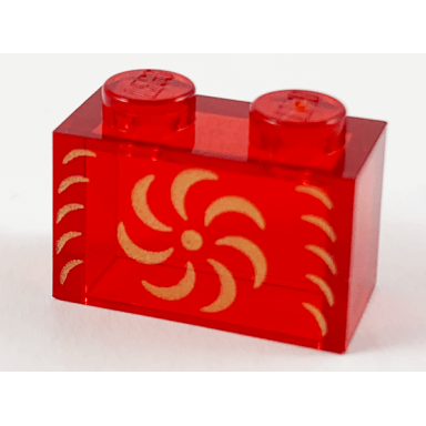 trans-red brick 1 x 2 without bottom tube with gold pinwheel pattern