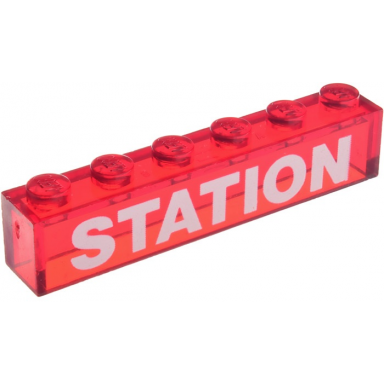 trans-red brick 1 x 6 without bottom tubes with white station pattern