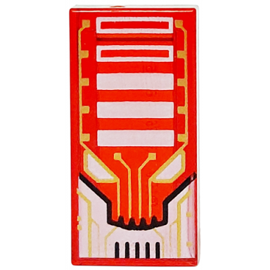 trans-red tile 1 x 2 with alien robot face with gold circuitry black lines white eyes and rectangles pattern