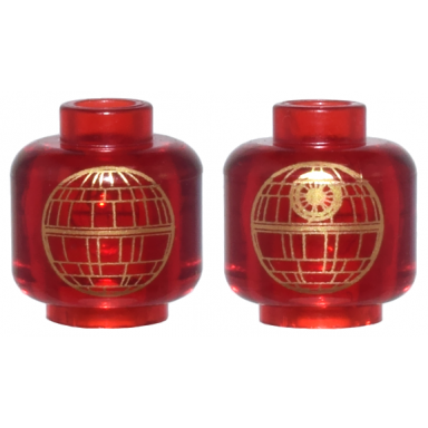 trans-red minifigure head without face with gold sw death star pattern