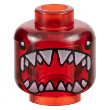 trans-red minifigure head alien with black eyes large open shark mouth with sharp teeth parted pattern