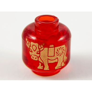 trans-red minifigure head without face with gold ox bull pattern on both sides