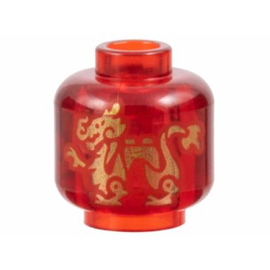trans-red minifigure head without face with gold dragon pattern on both sides