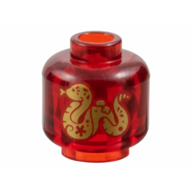 trans-red minifigure head without face with gold snake pattern on both sides