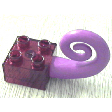 trans-red duplo brick 2 x 2 with rubber tail curled