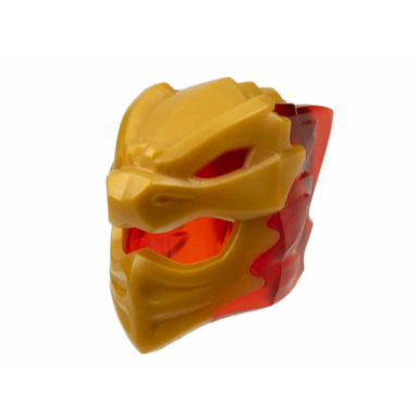 trans-red minifigure headgear helmet with flames on back with molded pearl gold dragon face pattern