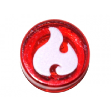 trans-red tile round 1 x 1 with elves fire power symbol white flame pattern