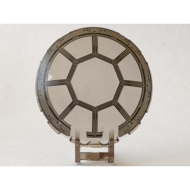 trans-brown dish 6 x 6 inverted with bar handle with sw 8 spoke dark bluish gray frame and rivets tie cockpit pattern
