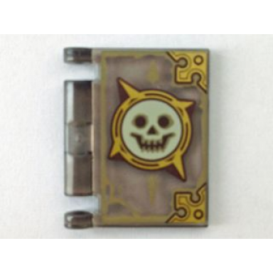 trans-brown minifigure utensil book cover with gold circle with spikes white smiling skull dark tan highlights pattern nexo knights book of chaos