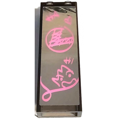 trans-brown brick 1 x 2 x 5 with dark pink kryptomite graffiti ha and heart on silver mirror pattern sticker - set 41236