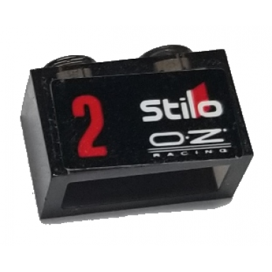 trans-brown brick 1 x 2 without bottom tube with white stilo oz racing and red number 2 pattern model left side sticker - set 75885