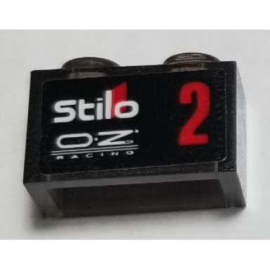 trans-brown brick 1 x 2 without bottom tube with white stilo oz racing and red number 2 pattern model right side sticker - set 75885
