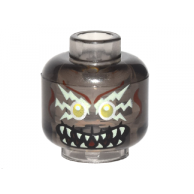 trans-brown minifigure head alien with yellowish green lightning bolts around gold eyes dark red face lines fangs pattern mayhem
