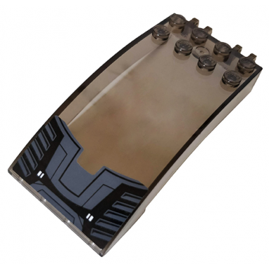 trans-brown windscreen 8 x 4 x 2 curved with locking dual 2 fingers with black and dark bluish gray vents and hull plates pattern sticker - set 76100
