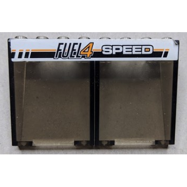 trans-brown stickered assembly 8 x 3 x 4 with fuel4 speed on black and orange stripes pattern sticker - set 8135 - 2 windscreen 3 x 4 x 4 inverted