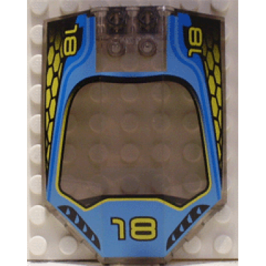 trans-brown windscreen 8 x 6 x 2 curved sloped sides with 18 and blue yellow racing pattern