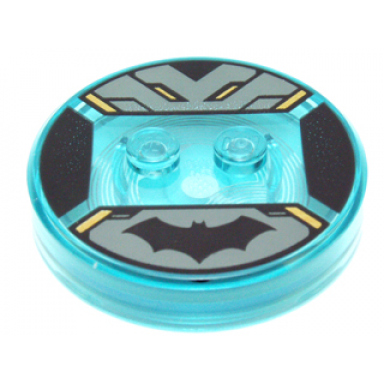 trans-light blue dimensions toy tag 4 x 4 x 2 3 with 2 studs and trans-light blue bottom with black batman logo on dark bluish gray background gold highlights pattern batman