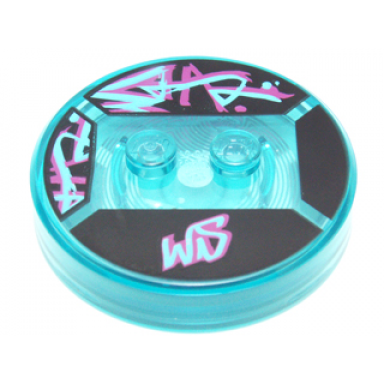 trans-light blue dimensions toy tag 4 x 4 x 2 3 with 2 studs and trans-light blue bottom with medium azure and magenta ws and graffiti on black background pattern wyldstyle